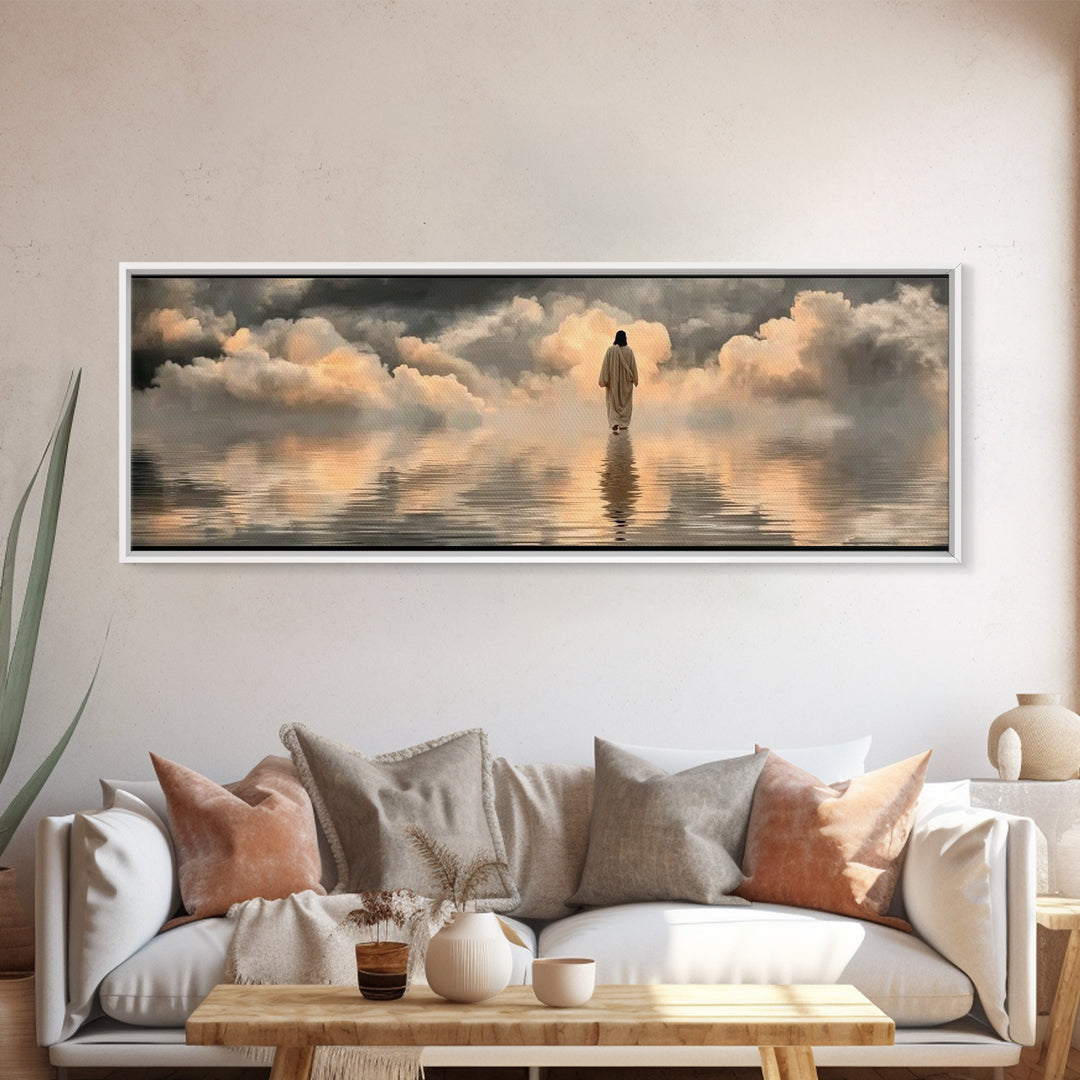 Silent Shore Walk | Framed Canvas Print | Christian Art Print | Panoramic Frame | Jesus Canvas Art | Christian Wall Art