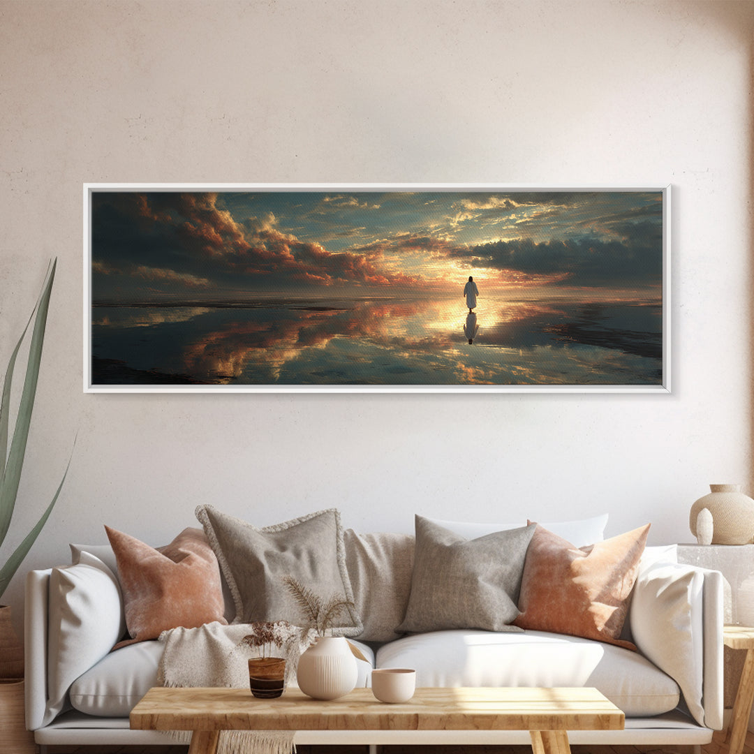 Radiant Horizon Walk, Framed Canvas Print, Jesus Wall Art, Panoramic Art, Christian Art Canvas, Moody Christian Art