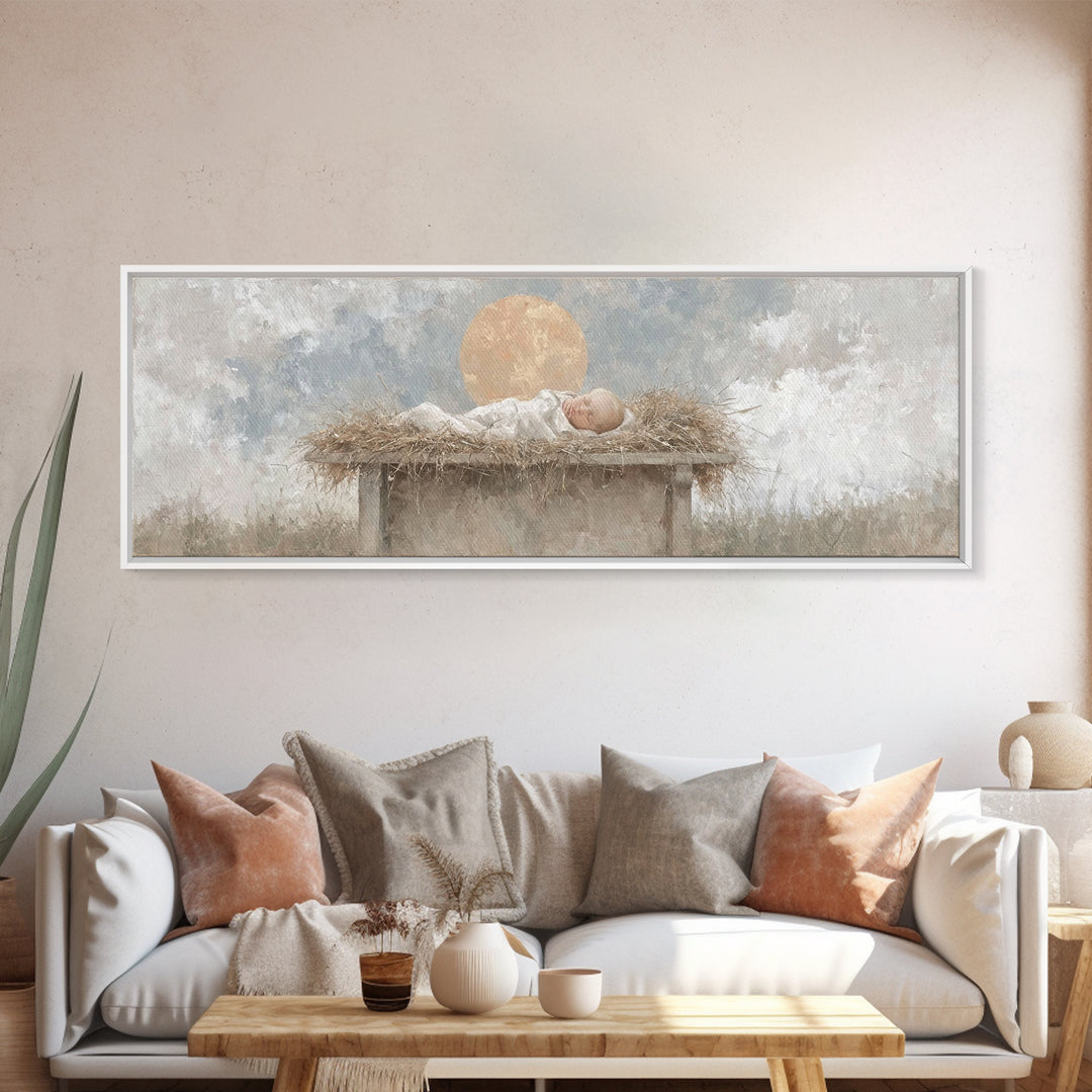 Radiant Manger Peace | Framed Canvas Print | Christian Christmas Art | Christian Wall Art | Christmas Canvas Wall Art | Panoramic Art | Chr