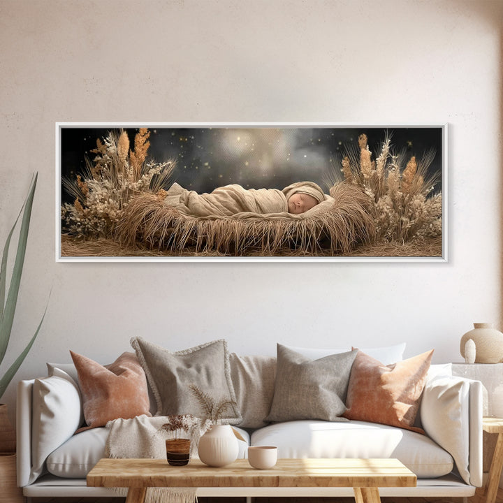 Starry Night Cradle, Framed Canvas Print, Christian Wall Art, Jesus Christmas Art, Christian Art Canvas, Panoramic Painting, Christian Chri
