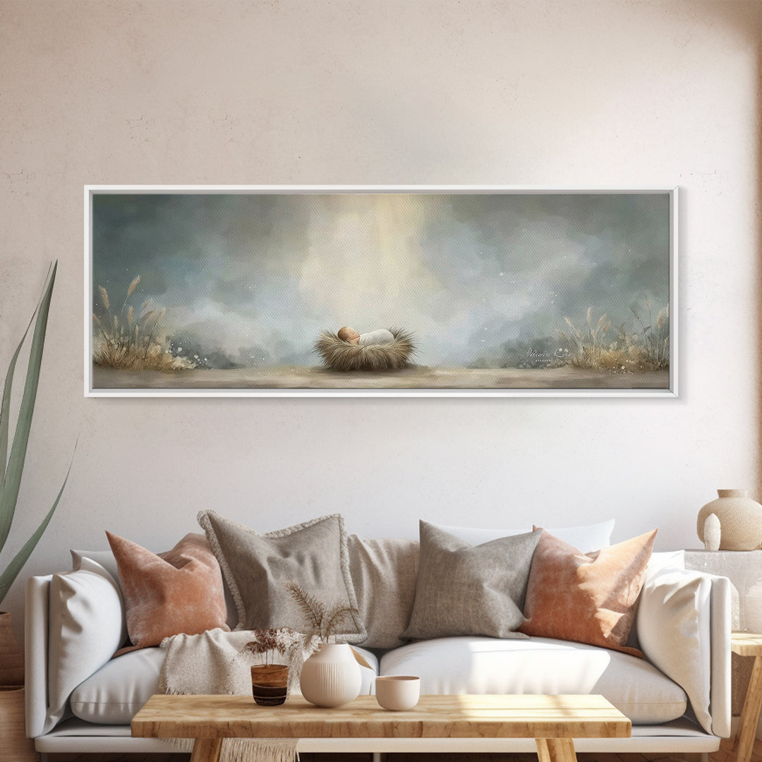 Heavenly Dawn Cradle – Framed Canvas Print – Christian Art – Panoramic Wall Art – Christian Christmas Art – Christian Art Canvas – Christma