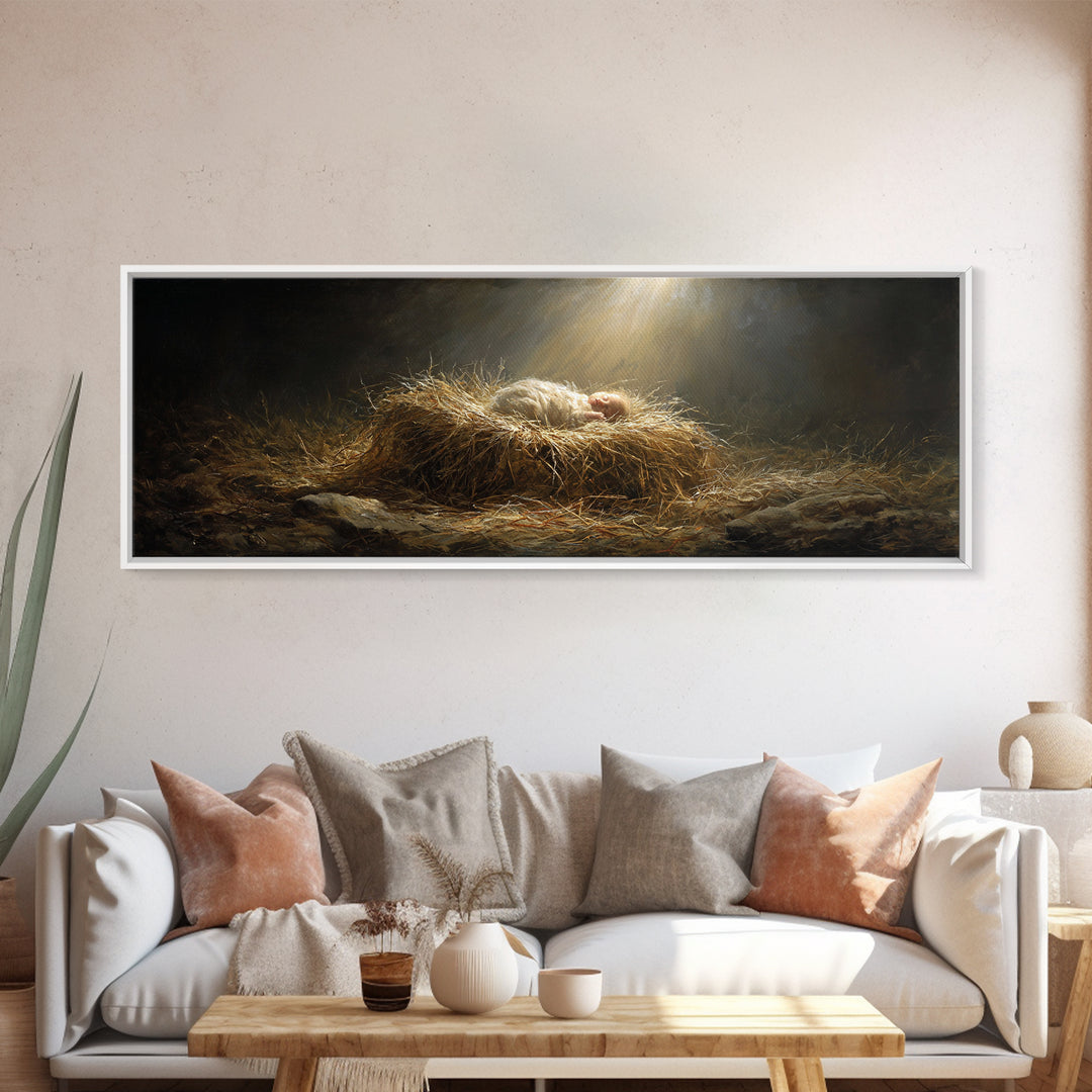Holy Night Radiance, Framed Canvas Print, Christian Christmas Art, Jesus Painting, Panoramic Art, Christian Wall Art, Christian Art Canvas,