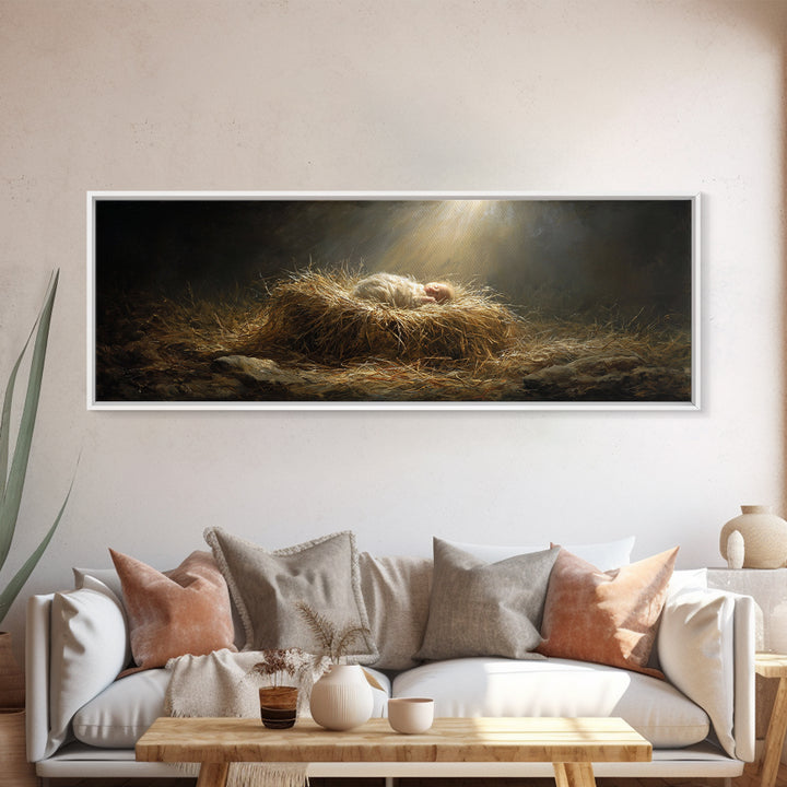 Holy Night Radiance, Framed Canvas Print, Christian Christmas Art, Jesus Painting, Panoramic Art, Christian Wall Art, Christian Art Canvas,