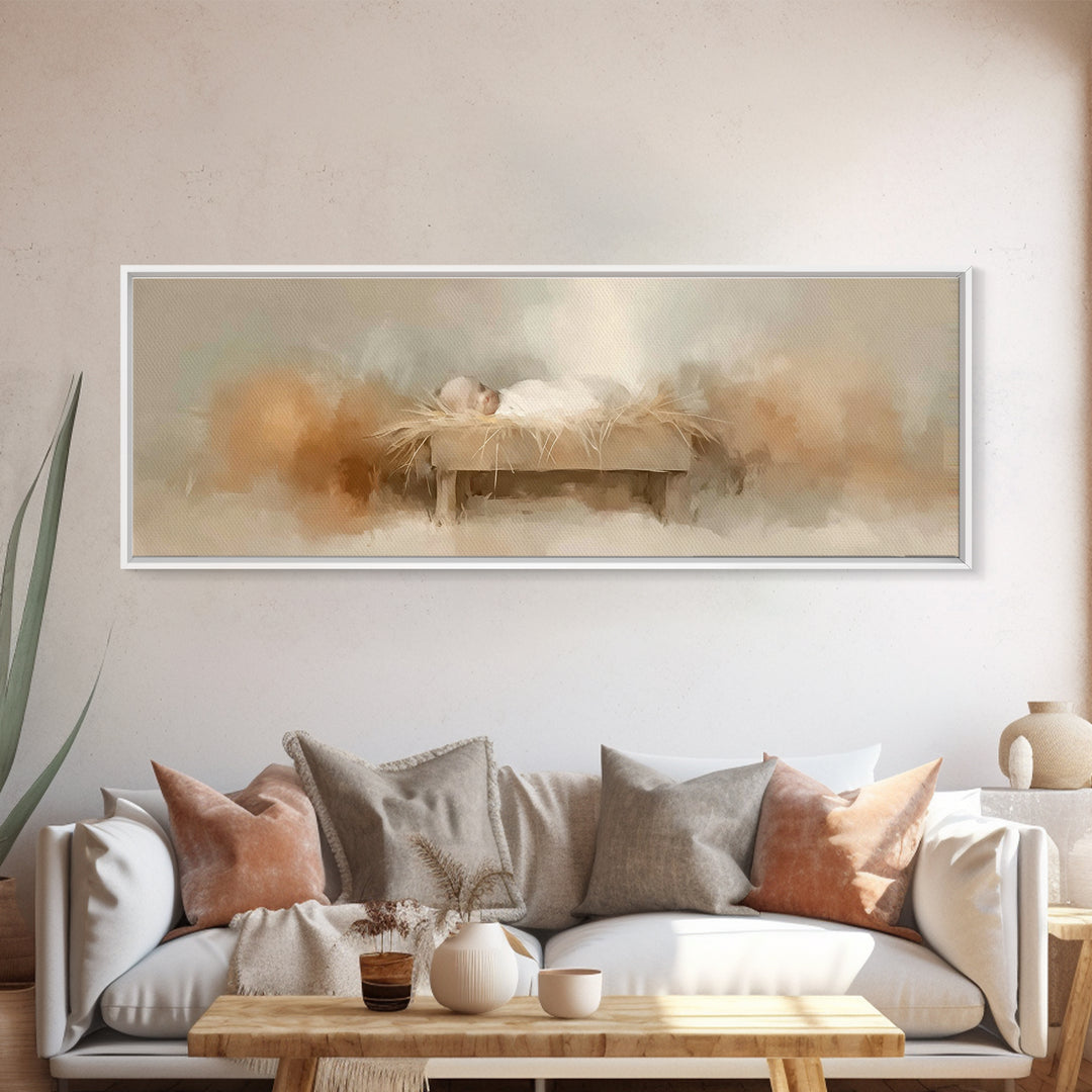 Soft Manger Light – Framed Canvas Print – Christian Wall Art – Panoramic Frame – Christian Christmas Art – Christian Art Canvas – Christmas