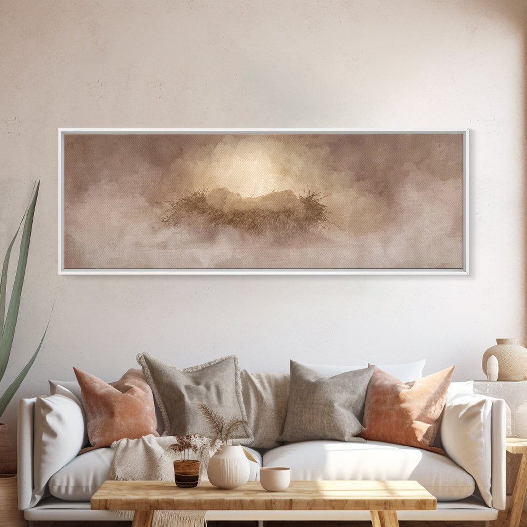 Celestial Manger Mist | Framed Canvas Print | Christian Art | Panoramic Wall Art | Christian Christmas Art | Jesus Art Print | Christmas Ca