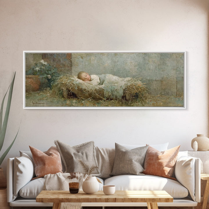 Quiet Stable Grace, Framed Canvas Print, Christian Art Canvas, Christian Wall Art, Panoramic Painting, Christian Christmas Art, Jesus Chris
