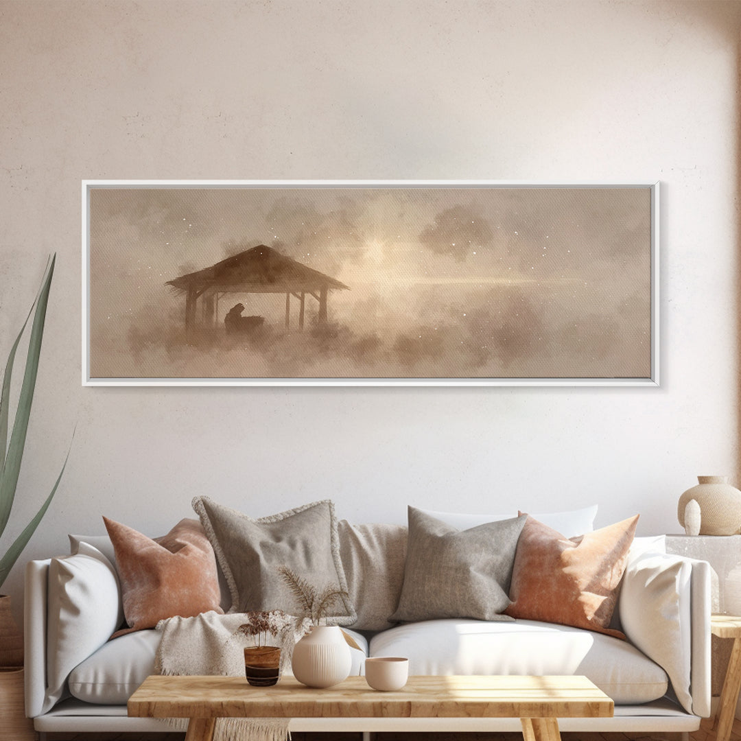 Holy Manger Dawn | Framed Canvas Print | Panoramic Wall Art | Christian Christmas Art | Jesus Art Print | Christian Wall Art | Christmas Ca