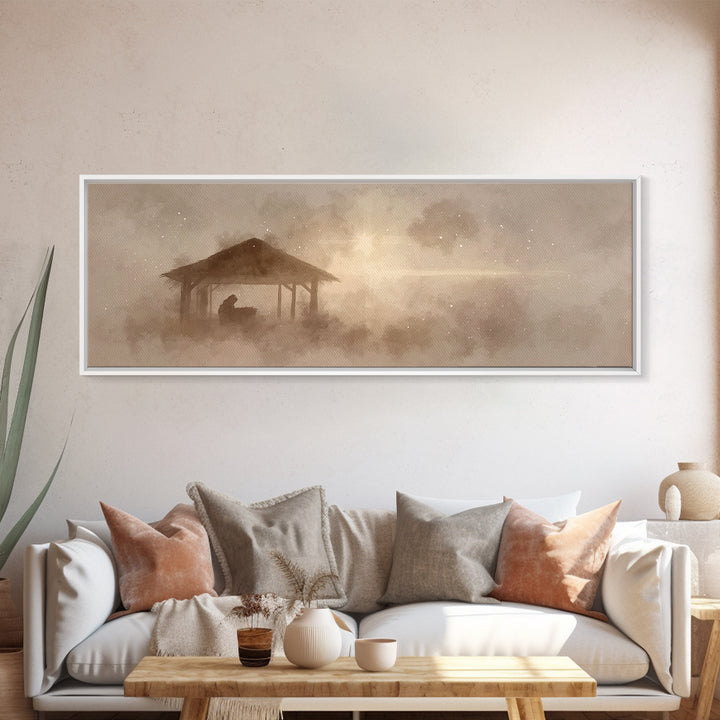 Holy Manger Dawn | Framed Canvas Print | Panoramic Wall Art | Christian Christmas Art | Jesus Art Print | Christian Wall Art | Christmas Ca