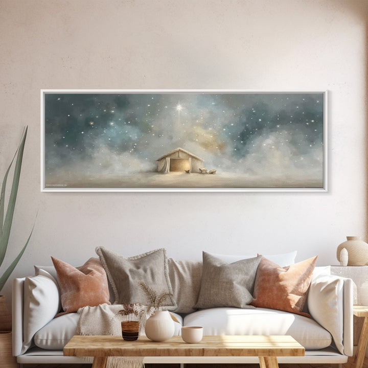 Silent Night Stable, Framed Canvas Print, Panoramic Painting, Christian Wall Art, Christmas Art, Christian Art Canvas, Christian Christmas