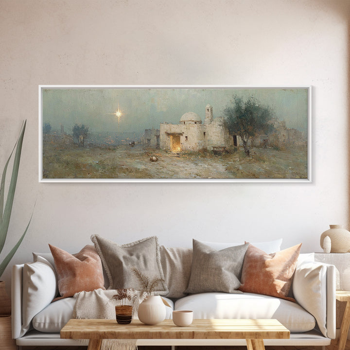 Bethlehem Evening Glow | Framed Canvas Print | Panoramic Painting | Christian Art Canvas | Christmas Wall Art | Christian Christmas Art | C