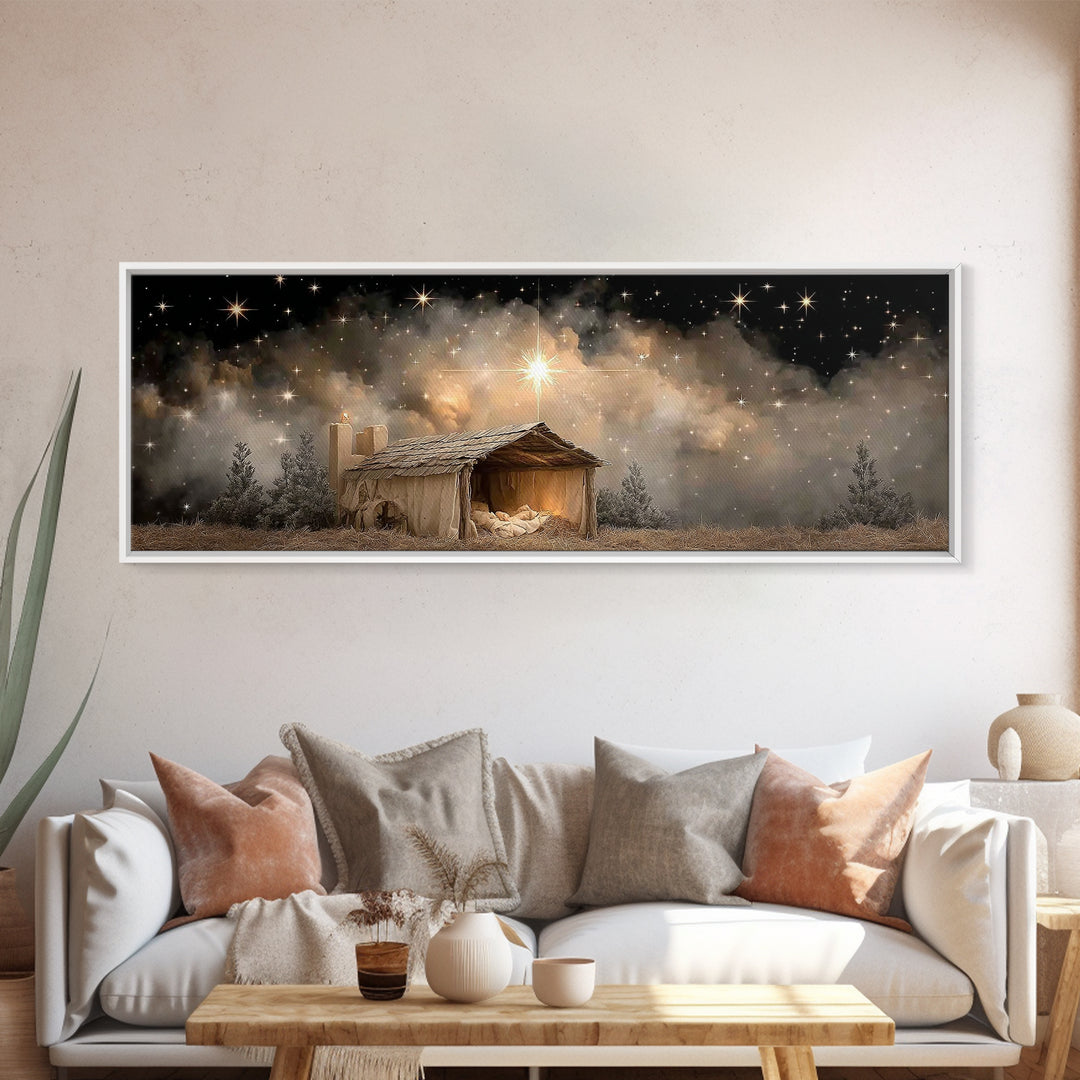 Starry Night Shelter – Framed Canvas Print – Panoramic Wall Art – Christmas Art – Christian Art Canvas – Christian Wall Art – Christian Chr