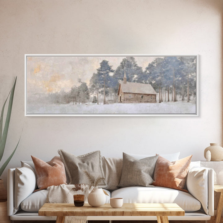 Winter Chapel Peace | Framed Canvas Print | Panoramic Art | Christian Wall Art | Christian Art Canvas | Christmas Art | Christian Christmas