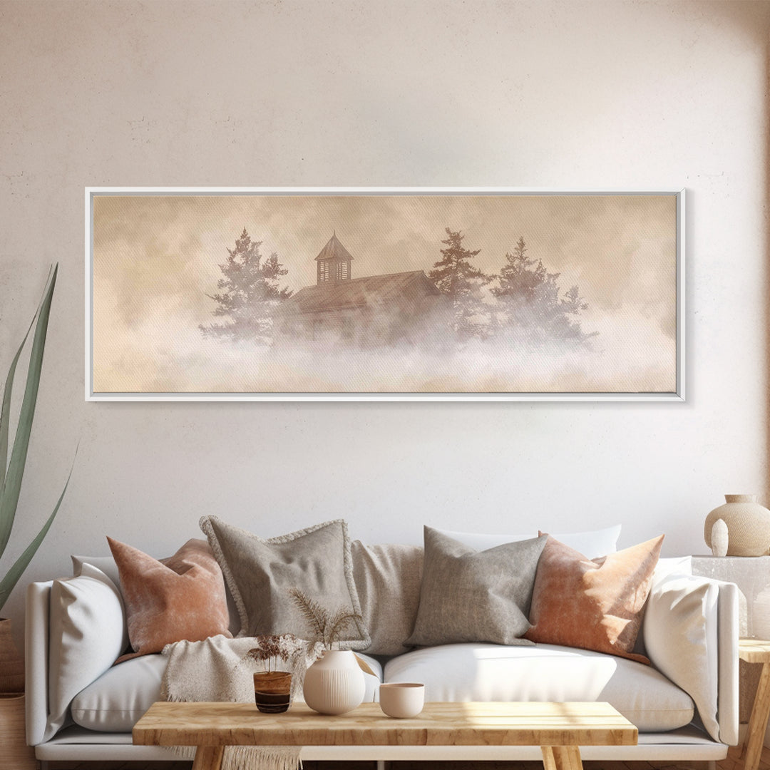 Foggy Chapel Stillness, Framed Canvas Print, Panoramic Frame, Christian Art Canvas, Christmas Art, Christian Wall Art, Christian Christmas