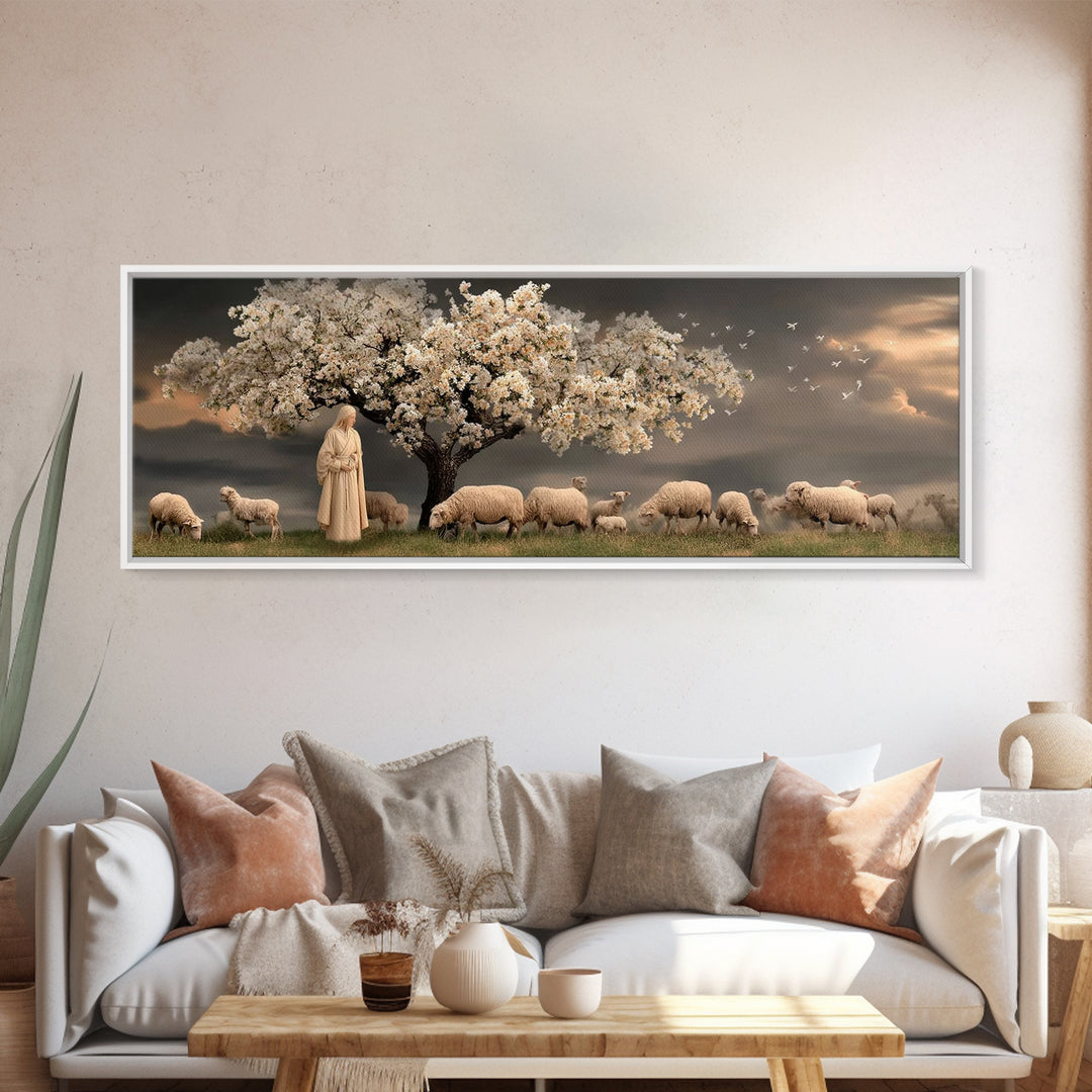 Gentle Orchard Calm, Framed Canvas Print, Christian Wall Art, Panoramic Painting, Jesus Art Print, Christian Christmas Art, Christian Canva