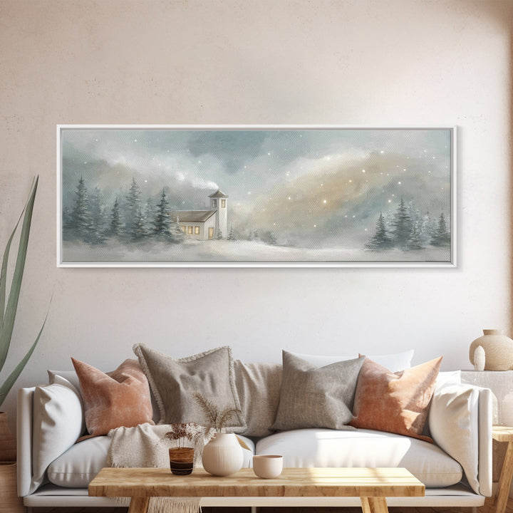Snowy Chapel Light – Framed Canvas Print – Panoramic Painting – Christian Wall Art – Christmas Art – Christian Art Canvas – Christian Chris