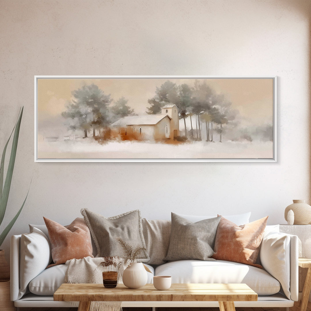 Silent Chapel Glow, Framed Canvas Print, Christian Wall Art, Christmas Canvas Wall Art, Christian Christmas Art, Panoramic Print, Christian