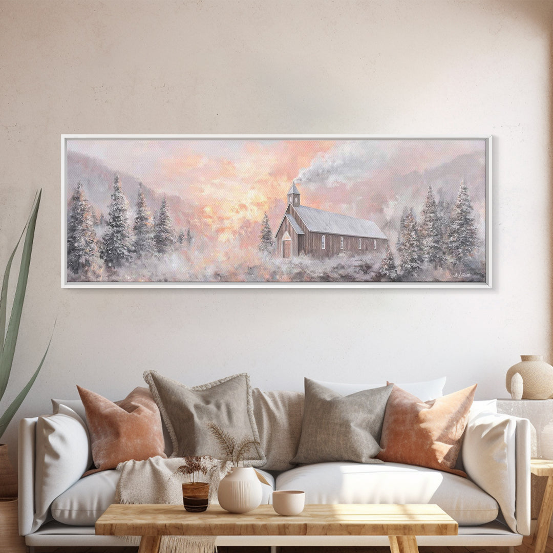 Snowlit Church Dawn | Framed Canvas Print | Christian Wall Art | Christmas Art Work | Christian Christmas Decor | Panoramic Painting | Chri