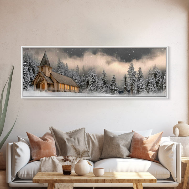 Midnight Chapel Light – Framed Canvas Print – Christian Wall Art – Framed Christmas Art – Christian Christmas Decorations – Panoramic Art –