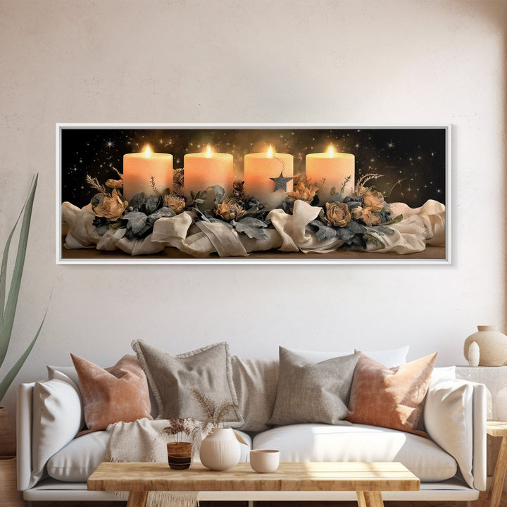 Heavenly Candle Light – Framed Canvas Print – Christian Wall Art – Christian Art Canvas – Christmas Art – Panoramic Art – Christian Christm