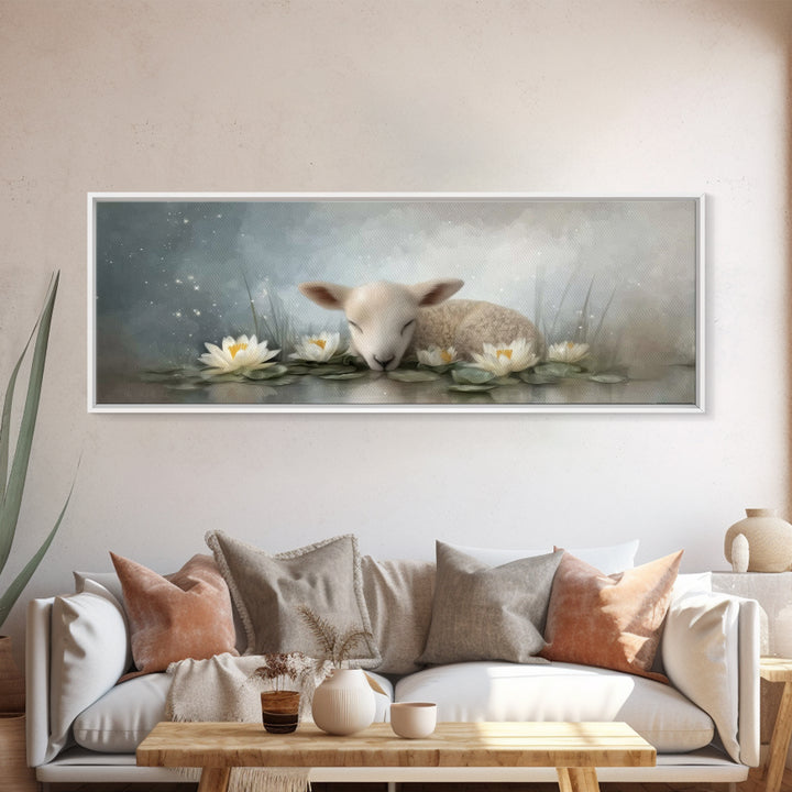 Lamb Of Peace – Framed Canvas Print – Christian Art Prints – Christian Art Work – Minimalist Christian Art – Panoramic Wall Art – Christian