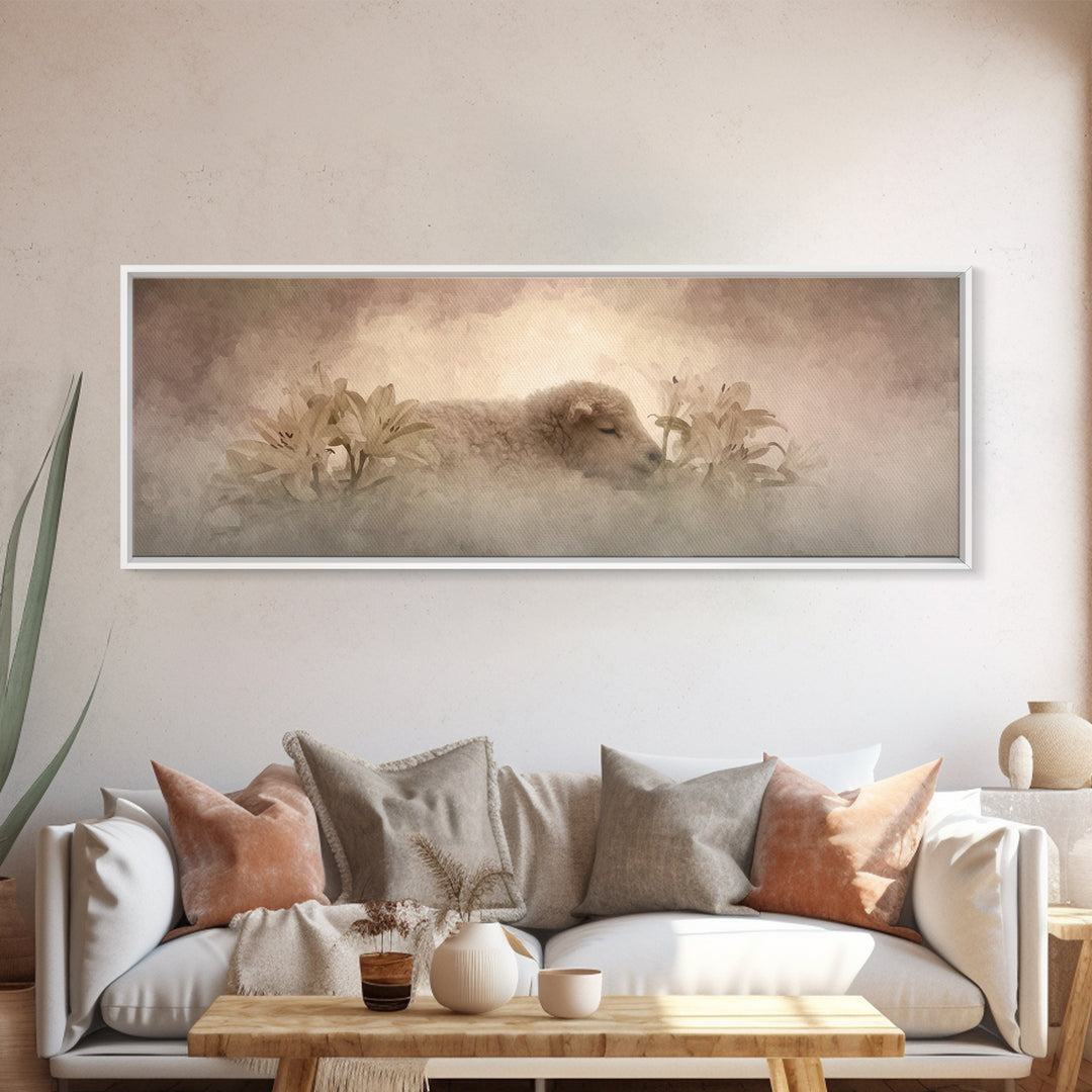 Soft Dawn Rest | Framed Canvas Print | Christian Art Work | Christian Art Canvas | Minimalist Christian Art | Panoramic Painting | Christia