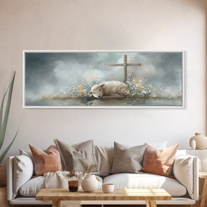 Gentle Lamb Peace, Framed Canvas Print, Christian Art Canvas, Panoramic Wall Art, Christian Painting, Christmas Art, Christian Gift Ideas