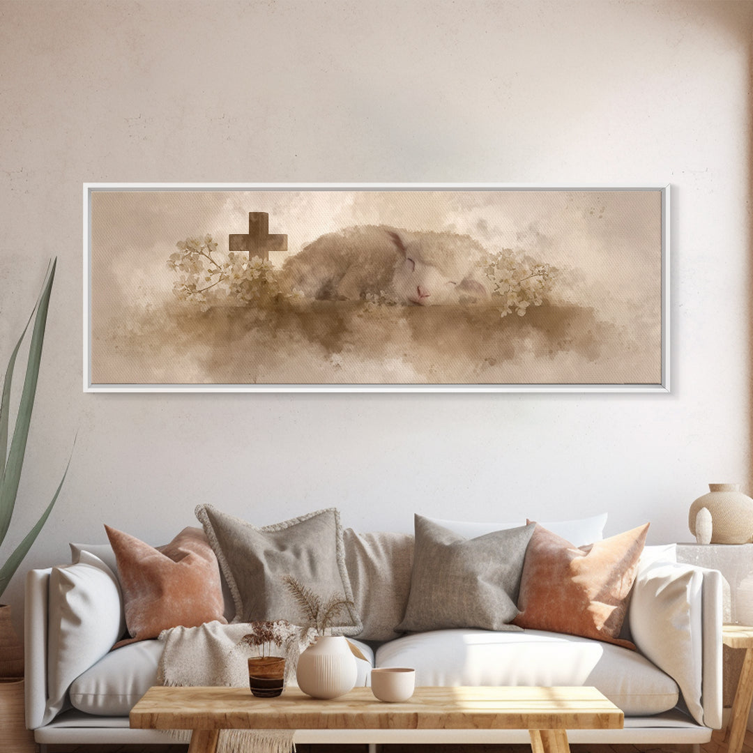 Lamb Of Comfort | Framed Canvas Print | Christian Art Canvas | Extra Wide Art | Christian Paintings | Christmas Canvas Wall Art | Christian