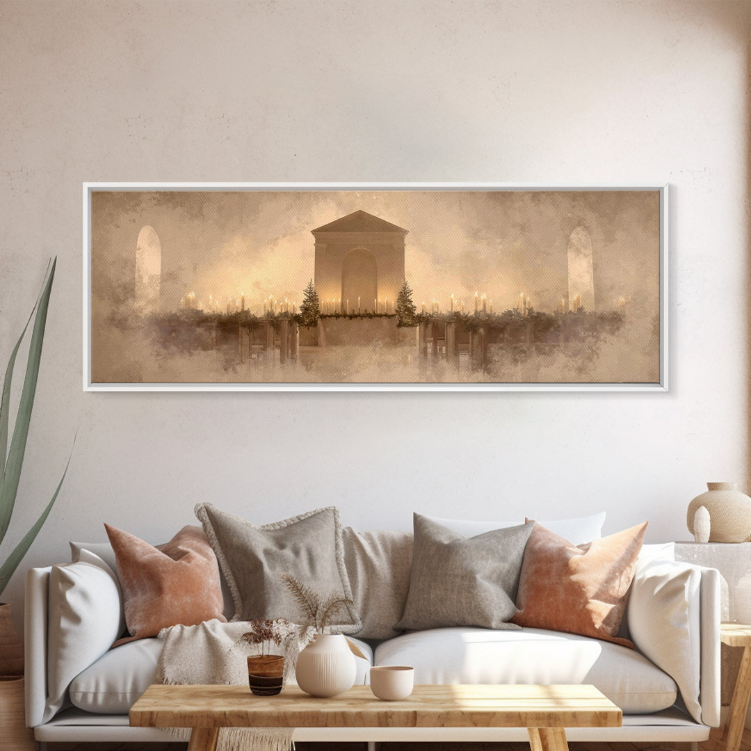 Sacred Candle Trio, Framed Canvas Print, Christian Art Canvas, Christmas Wall Art, Panoramic Print, Christian Christmas Art, Christian Wall