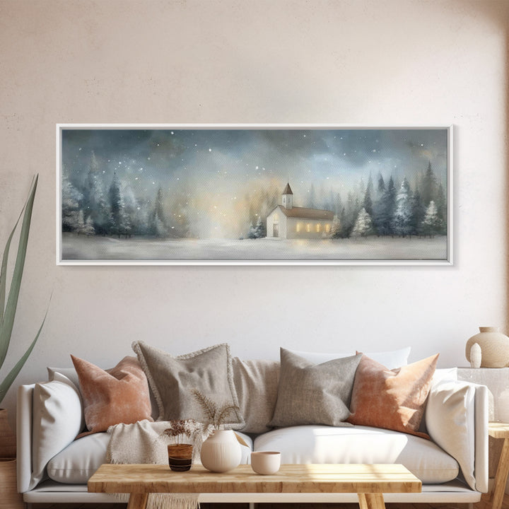 Winter Chapel Peace – Framed Canvas Print – Christian Wall Art – Panoramic Print – Christmas Art – Modern Christian Art – Christian Gift Id