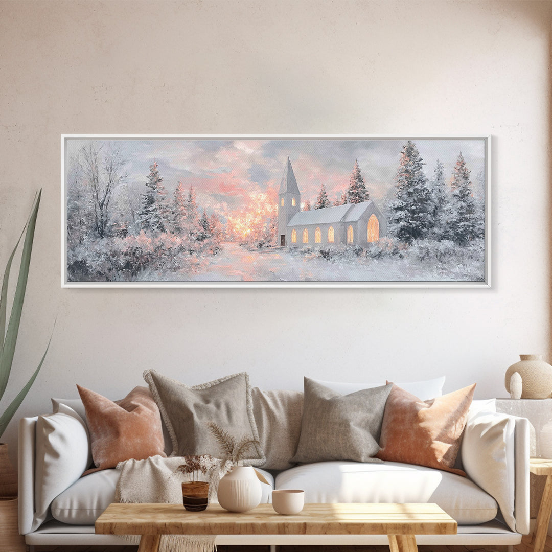 Radiant Winter Church, Framed Canvas Print, Christmas Wall Art, Christian Art Canvas, Moody Christmas Art, Panoramic Wall Art, Christian De