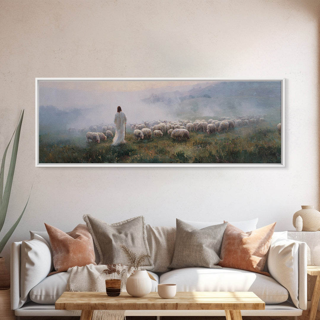 Morning Shepherd Peace, Framed Canvas Print, Jesus Painting, Christian Art Canvas, Pastoral Christian Art, Panoramic Art, Christian Gift Id
