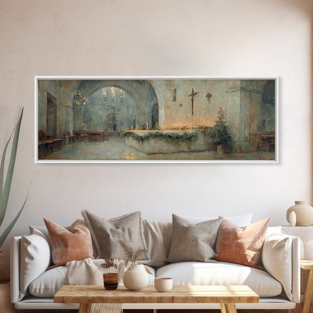 Glowing Chapel Stillness, Framed Canvas Print, Christmas Art Prints, Christian Wall Art, Panoramic Art, Christian Art Canvas, Christian Chr