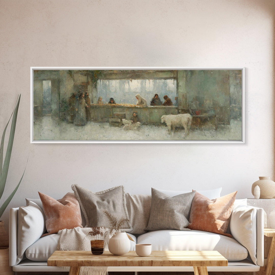 Silent Stable Light – Framed Canvas Print – Panoramic Art – Christian Wall Art – Christian Art Canvas – Christmas Art – Jesus Painting – Ch