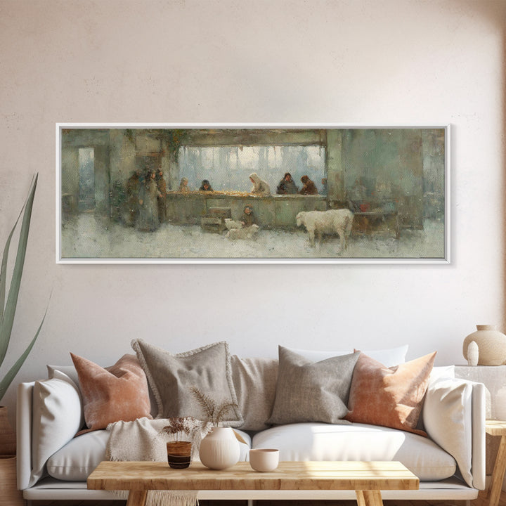 Silent Stable Light – Framed Canvas Print – Panoramic Art – Christian Wall Art – Christian Art Canvas – Christmas Art – Jesus Painting – Ch