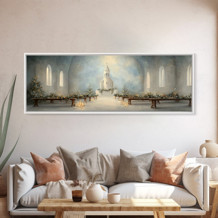 Quiet Church Reverence | Framed Canvas Print | Christian Art | Christmas Wall Art | Panoramic Painting | Christian Art Work | Christian Chr