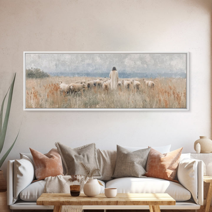 Pastoral Grace – Framed Canvas Print – Christian Wall Art – Jesus Painting – Panoramic Art – Christian Art Canvas – Christmas Art