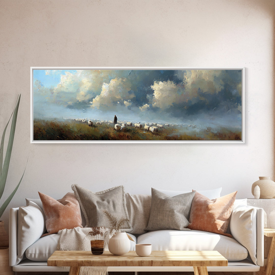 Morning Shepherd Light, Framed Canvas Print, Christian Wall Art, Panoramic Art, Jesus Painting, Modern Christian Art, Christmas Wall Art