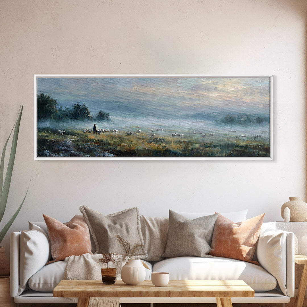 Guiding Shepherd | Framed Canvas Print | Christian Art Canvas | Panoramic Print | Large Jesus Painting | Christian Art | Christmas Art