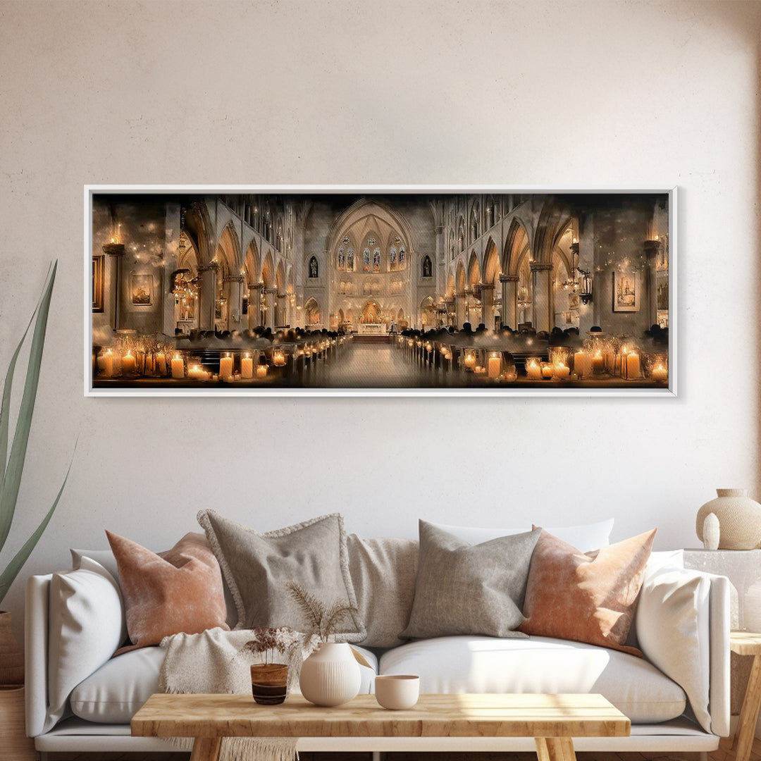 Cathedral Candle Vigil – Framed Canvas Print – Christian Wall Art – Panoramic Painting – Christian Christmas Art – Christian Art Canvas – C