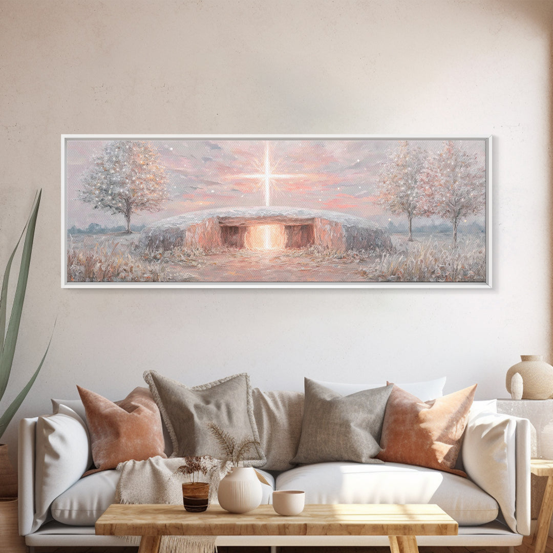 Radiant Dawn Cross, Framed Canvas Print, Christian Wall Art, Panoramic Painting, Christmas Art, Christian Art Canvas, Christian Decor