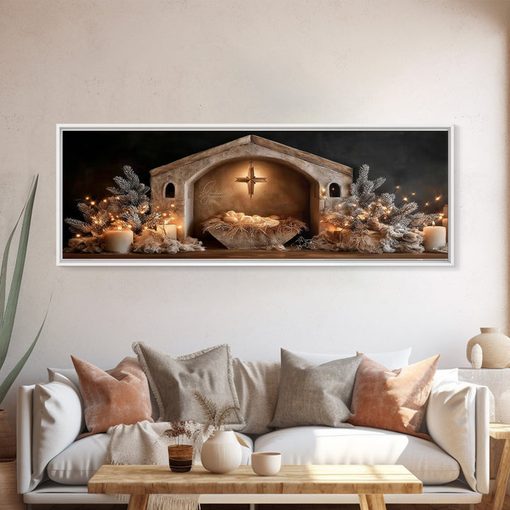 Holy Night Glow – Framed Canvas Print – Christian Wall Art – Panoramic Art – Christian Christmas Art – Christian Art Canvas – Christmas Art