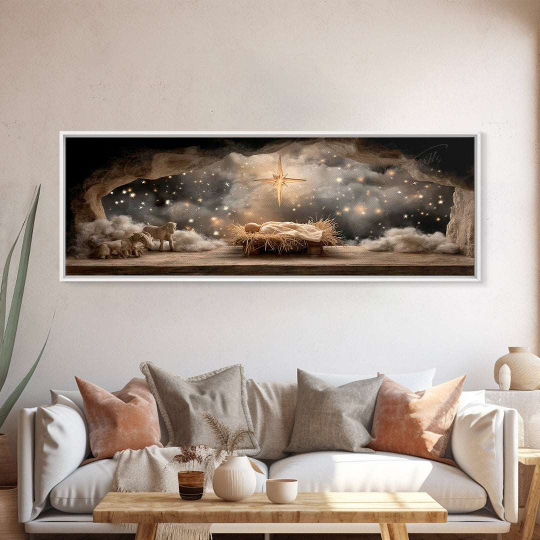 Star Of Bethlehem | Framed Canvas Print | Christmas Art | Panoramic Wall Art | Jesus Christmas Art | Christian Wall Art | Christian Art Can