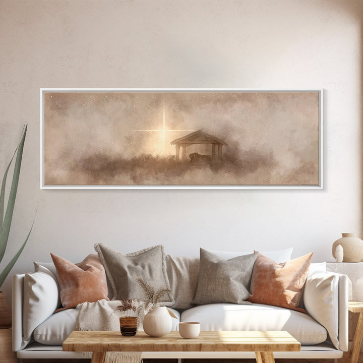Silent Manger Light, Framed Canvas Print, Christian Christmas Art, Panoramic Art, Christian Wall Art, Christmas Canvas Wall Art, Christian
