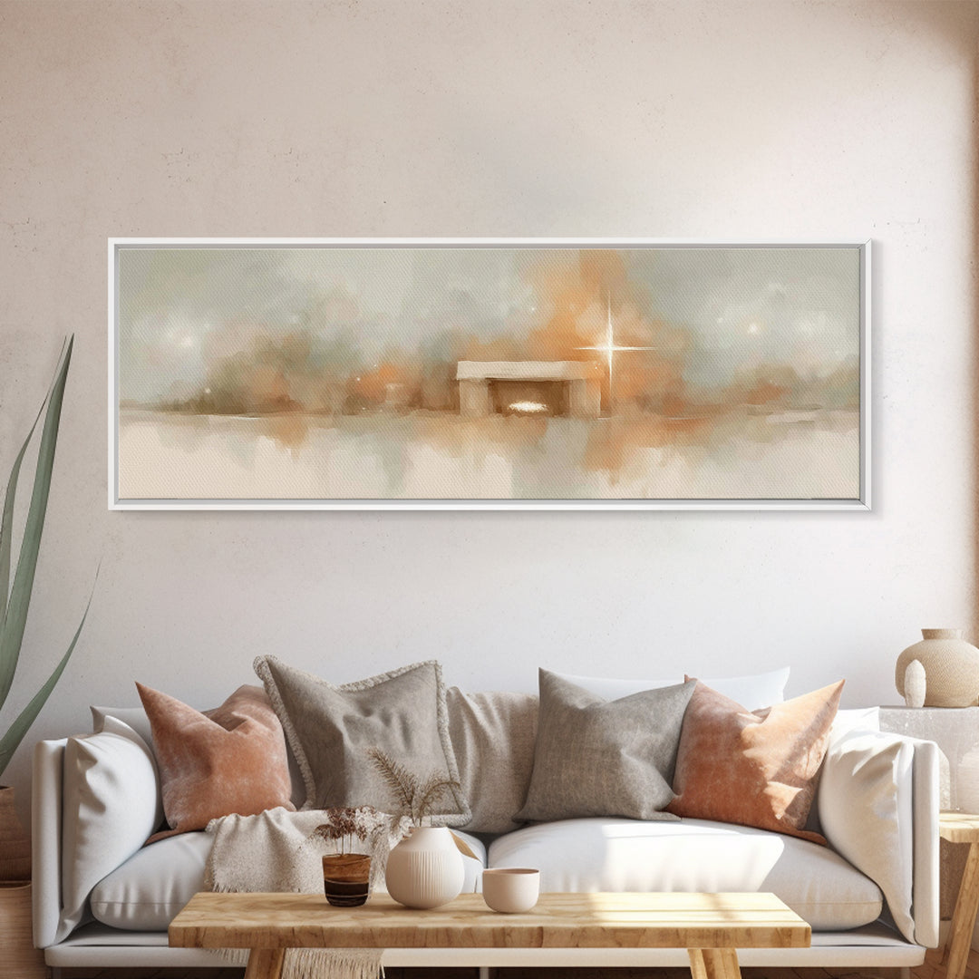 Humble Nativity | Framed Canvas Print | Christian Wall Art | Panoramic Print | Christmas Art | Jesus Christmas Art | Christian Art Print