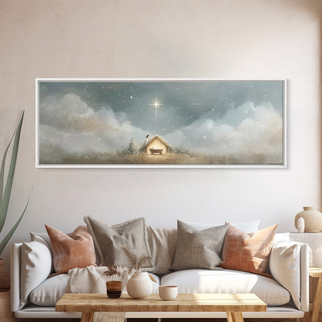 Manger Serenity, Framed Canvas Print, Christmas Art, Panoramic Wall Art, Christian Art Canvas, Christian Christmas Decor, Christian Paintin
