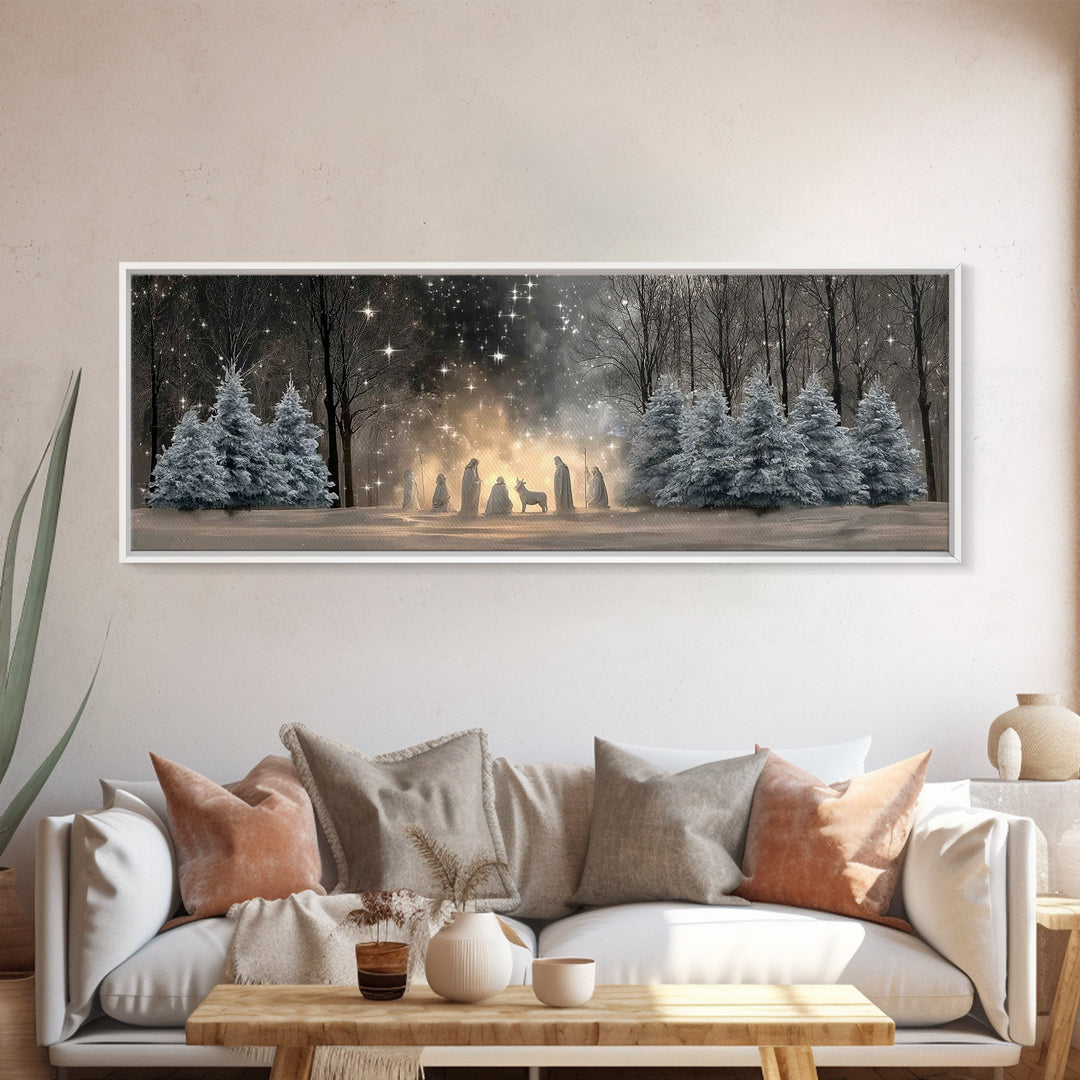 Midnight Nativity Glow – Framed Canvas Print – Christian Wall Art – Christian Art Canvas – Jesus Christmas Art – Panoramic Wall Art – Chris