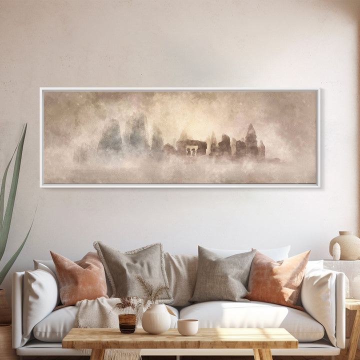 Misty Ancient Stones | Framed Canvas Print | Christian Art | Christian Painting | Minimalist Christian Art | Panoramic Art | Christian Wall