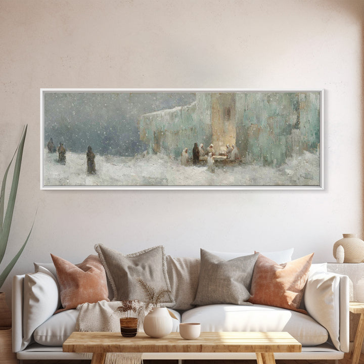 Winter Gathering Light, Framed Canvas Print, Christian Wall Art, Christian Art Canvas, Christmas Art Prints, Panoramic Painting, Christian
