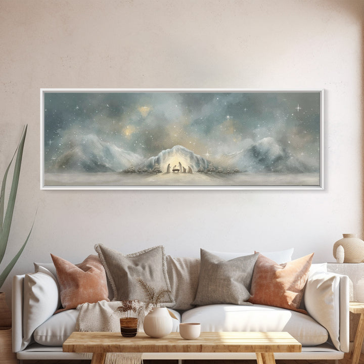Starry Mountain Birth – Framed Canvas Print – Christian Christmas Art – Christian Art Canvas – Jesus Painting – Panoramic Frame – Christian