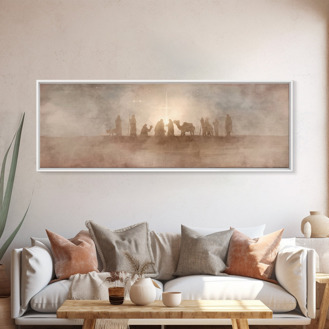 Desert Star Pilgrims, Framed Canvas Print, Christian Christmas Art, Christian Wall Art, Jesus Painting, Panoramic Wall Art, Christian Art C